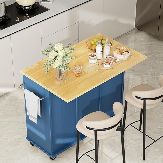 Shintenchi Kitchen Island with Storage, Bar Cart Cabinet Island Table on Wheels, Rolling Microwave Cart for Kitchen with Drop Leaf, Drawers, Towel Rack, Seating Area for Dining Room, Blue