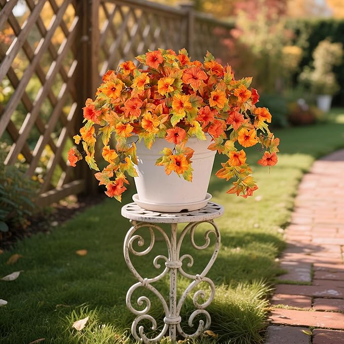 Fall Flowers Artificial for Decoration Fake Petunias Plants for Outdoor, 2PCS Autumn Silk Faux Flower UV Resistant No Fade Planter Floral for Garden Balcony Yard Porch Realistic Indoor Decor (Orange)