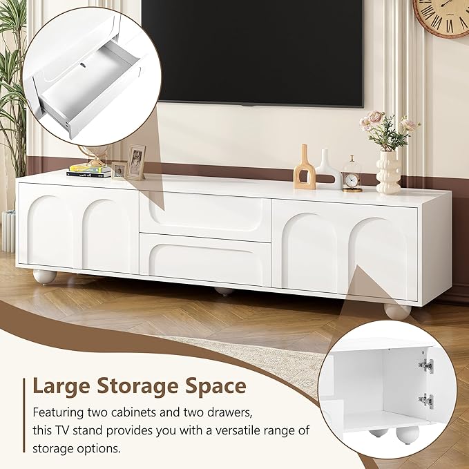 Merax Cream Style TV Stand with Arched Doors & 2 Drawers for TVs up to 75", Minimalist Media Console with Rebound Device, Entertainment Center with 5 Iron Round Legs for Living Room, Bedroom, White