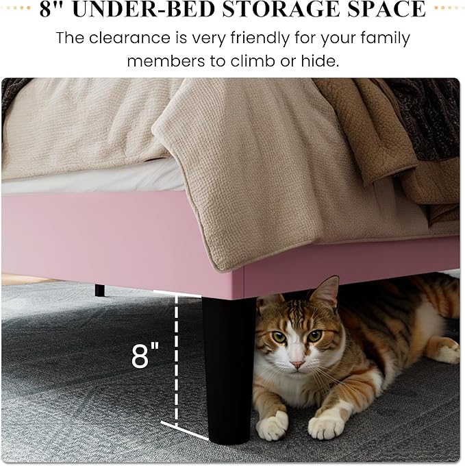 SHA CERLIN Queen Size Velvet Bed Frame with Vertical Channel Tufted Wingback Headboard, Upholstered Platform Bed with Wood Slats, No Box Spring Needed, Easy Assembly, Pink