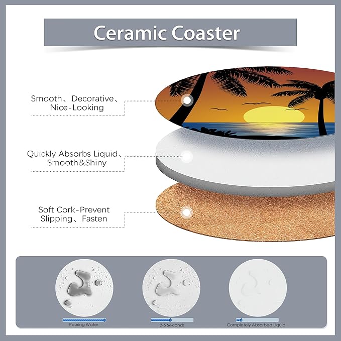 Drink Coasters Set of 6 with Holder,Beach Palm Trees Sunset Landscape Absorbent Ceramic Coasters with Cork Base,Fit All Cups,Tabletop Protection Mat for Mugs and Cups,Office,Kitchen