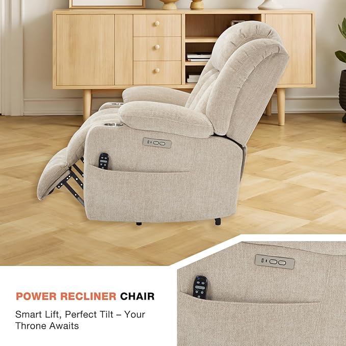 Power Lift Recliner Chair, 350lb Capacity with 8-Point Massage & Heating, USB/Type-C Ports & Cup Holders, Heavy Duty Chenille Recliner for Elderly, Beige