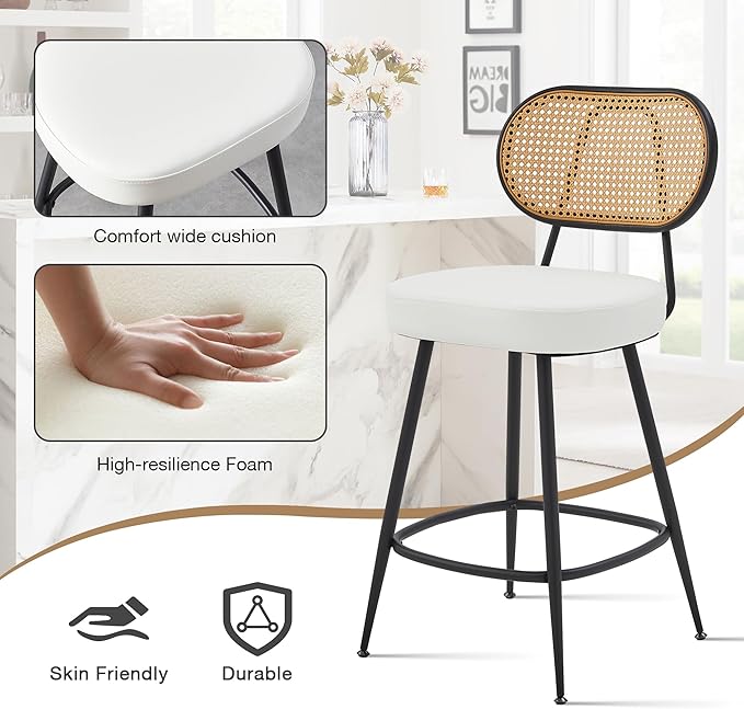 BFZ Counter Height Bar Stools Set of 2, 26" Seat Height Barstools with Rattan Back and Metal Legs, Upholstered Faux Leather Bar Chairs for Kitchen Island, Home Bar, Beige