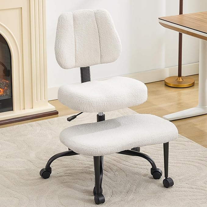 Criss Cross Legged Meditaion Chair,Exquisite Home Office Furniture,Ergonomic Kneeling with Lumbar Support and Adjustable Height Stool,for ADHD Adults,Teddy Fabric,White