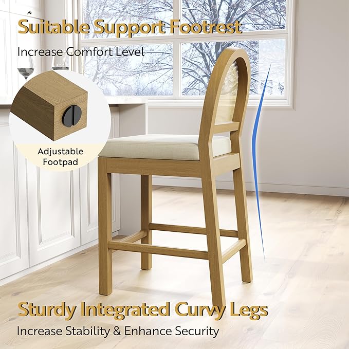 STHOUYN Upholstered Rattan Bar Stools Set of 2, Wooden Counter Height Stools with Natural Rattan Woven Back and Chenille Seat, Mid-Century Modern Island Chairs Barstools for Kitchen (2, Cream White)