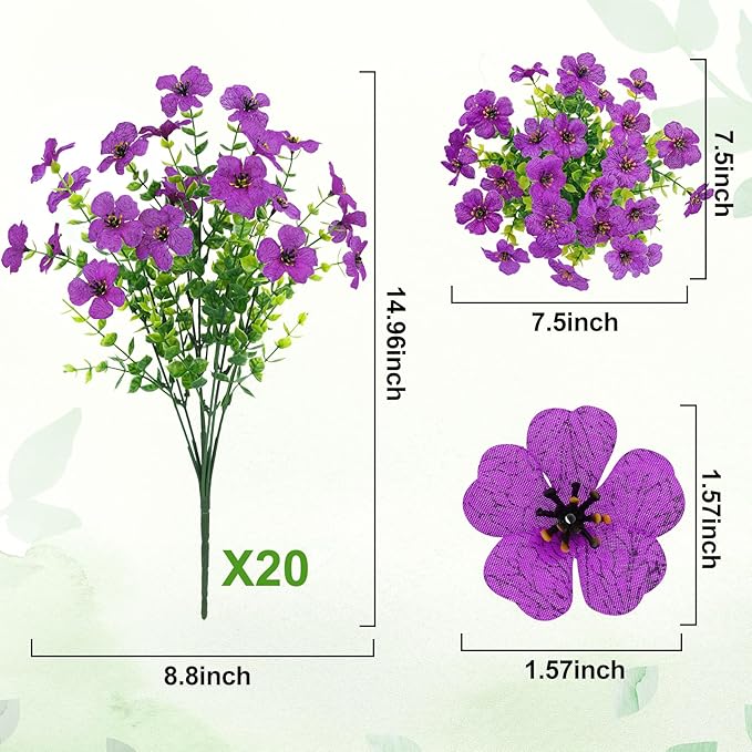 20 Bundles Artificial Flowers for Outdoors Decoration Fake Silk Flowers UV Resistant Faux Plants Artificial Daisy Eucalyptus for Spring Summer Garden Yard Porch Window Home Decor, Purple
