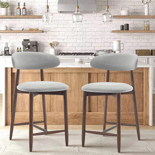 Upholstered Counter Height Bar Stools Set of 2, Kitchen Island Stools with Back, Modern Counter Stools Island Bar Chairs with Wood Legs for Kitchen Island Dining Room Bar, Light Grey