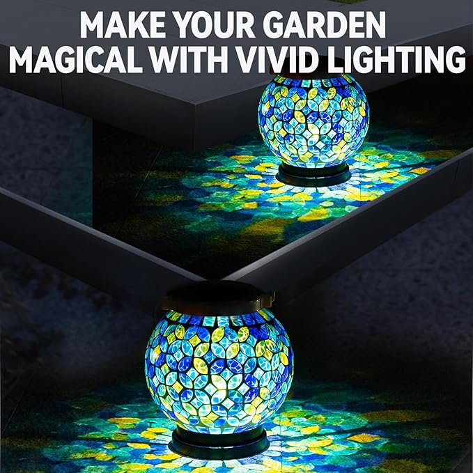 VOREEN Mosaic Solar Lanterns, Handmade Outdoor Glass Hanging Light, Waterproof Solar Table Lamp, Gift for Mom Wife Friend, Decor for Garden, Patio, Yard, Balcony, Green & Yellow, Leaves Pattern