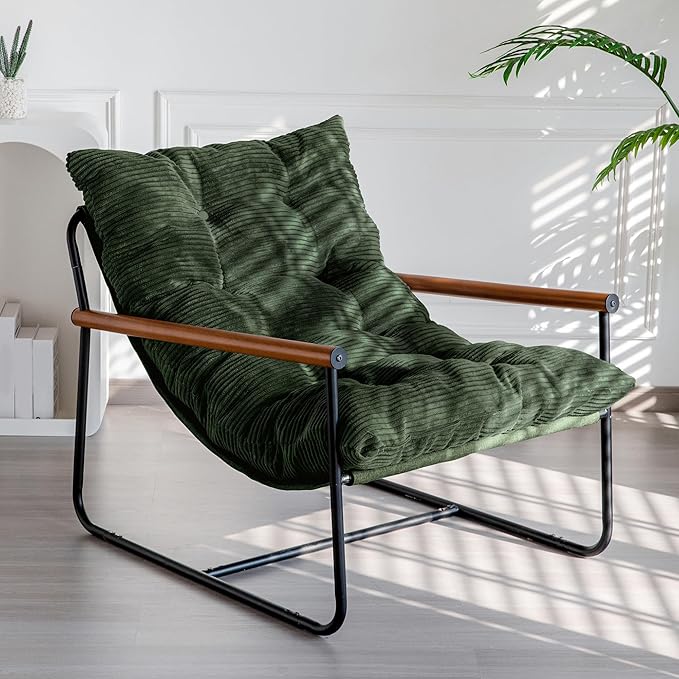 MAXYOYO Modern Accent Chair, Comfy Living Room Chair with Metal Frame Wooden Armrest, Upholstered Armchair with Soft Cushion for Bedroom Balcony Lounge Reading Room, Dark Green