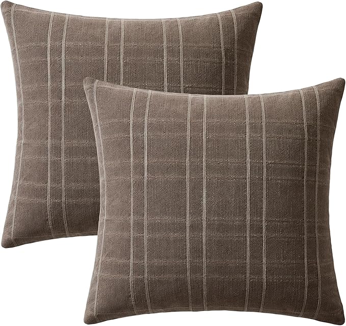MIULEE Decorative Linen Check Throw Pillow Covers Neutral Farmhouse Vintage Pillow Covers 20x20 Set of 2 Boho Modern Winter Home Decor for Sofa Couch Bedroom Cushion Brown