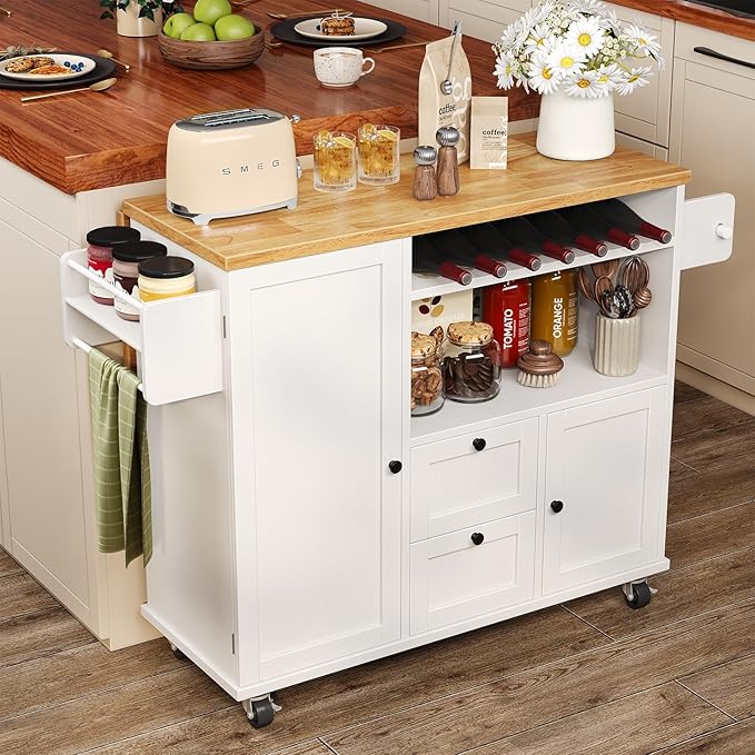 Rolling Kitchen Island with Storage Cabinet, 41.3'' Width Kitchen Cart with Desktop Drop Leaf Countertop, Portable Mobile Kitchen Island with Towel Rack, Spice Rack Shelf and Lockable Wheels, White