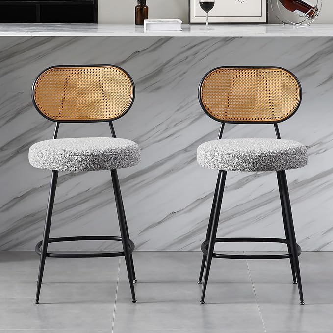 26" Rattan Barstools Set of 2, Counter Height Bar Chair with Black Metal Legs, Modern Armless Sherpa Pub Chair, Adjustable Feetpads Stools for Home Counter, Kitchen Dining Island, Cafe(Grey)