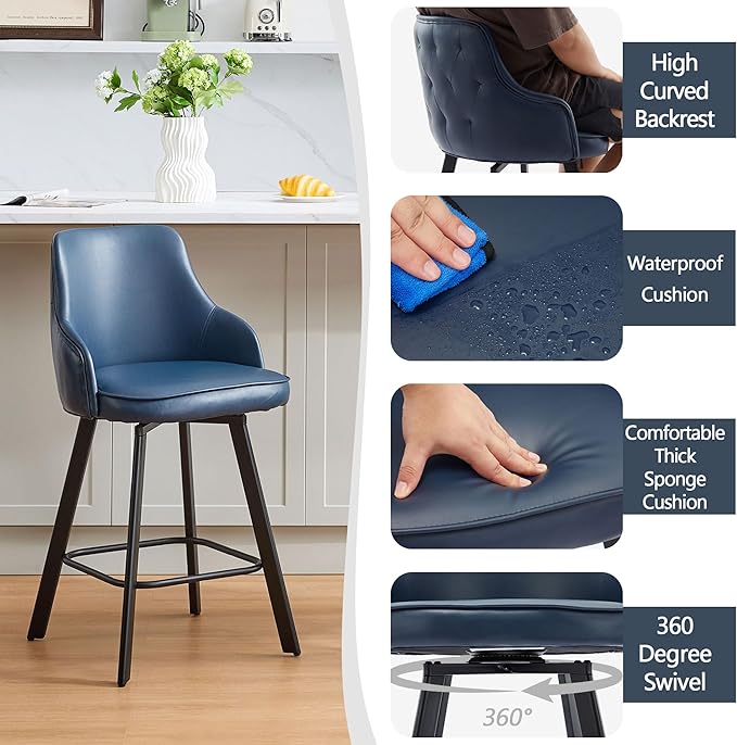Bar Stools Set of 4, 26" Swivel Counter Height Bar stools with High Back, Faux Leather Kitchen Barstools Counter Height for Kitchen Island (Navy Blue, 4PCS 26" Counter Stools)