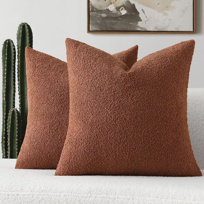 FUTEI Pack of 2 Rust Decorative Throw Pillow Covers 24x24 Inch Soft Cozy Solid Boucle Textured European Cushion Case,Modern Home Decor for Couch Bed Living Room