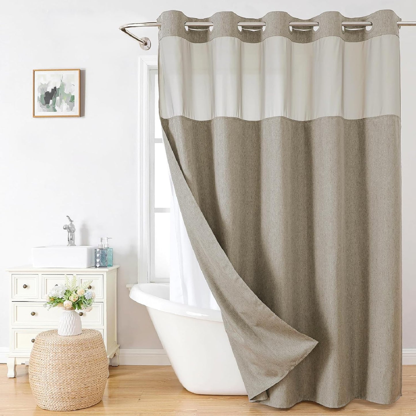 No Hooks Needed Linen Textured Shower Curtain with Snap-in Fabric Liner Set,Hotel Luxury Decor Shower Curtains for Bathroom with Mesh Top Window,Waterproof & Washable,71Wx74H,Khaki/Tan