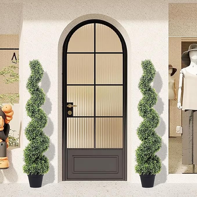 4FT Artificial Boxwood Spiral Topiary Trees, 4ft Tall (2 Pieces) Faux Plant Outdoor, All-Year Green Fake Plant with Replaceable Leaves for Decorative/Indoor/Porch/Garden