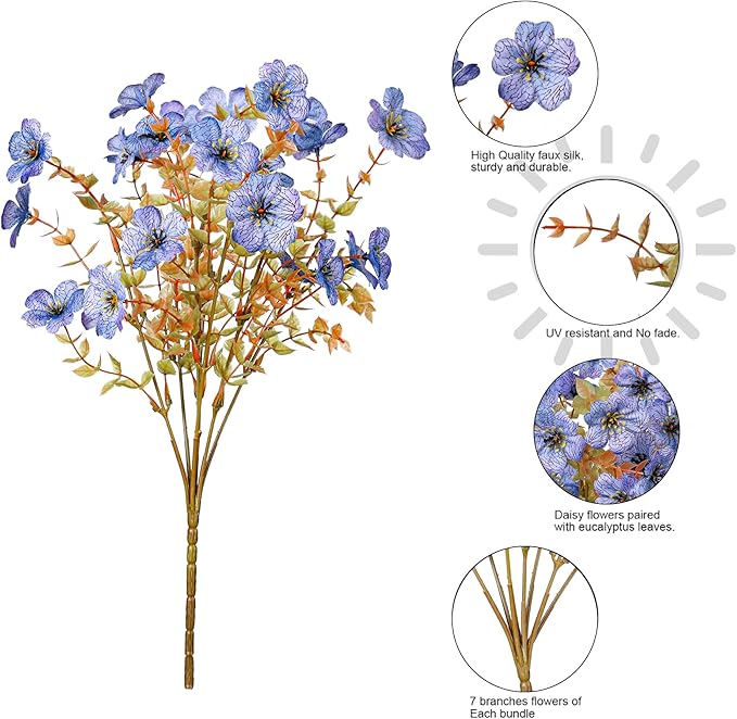 Artificial Fall Flowers Faux Mums for Outdoor Indoor Garden Home Decoration, Faux Flower Daisy with Eucalyptus Leaves Fake Plants Greenery Boxwood Porch Patio, 12 Bundles (6 Fall Multicolor)