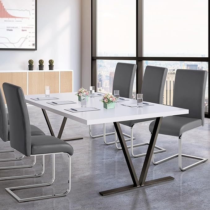 Yaheetech Dining Chairs Set of 6 Modern Faux Leather Upholstered Dining Room Chairs with High Back and Metal Chrome Legs for Kitchen/Living Room/Restaurant, Dark Gray