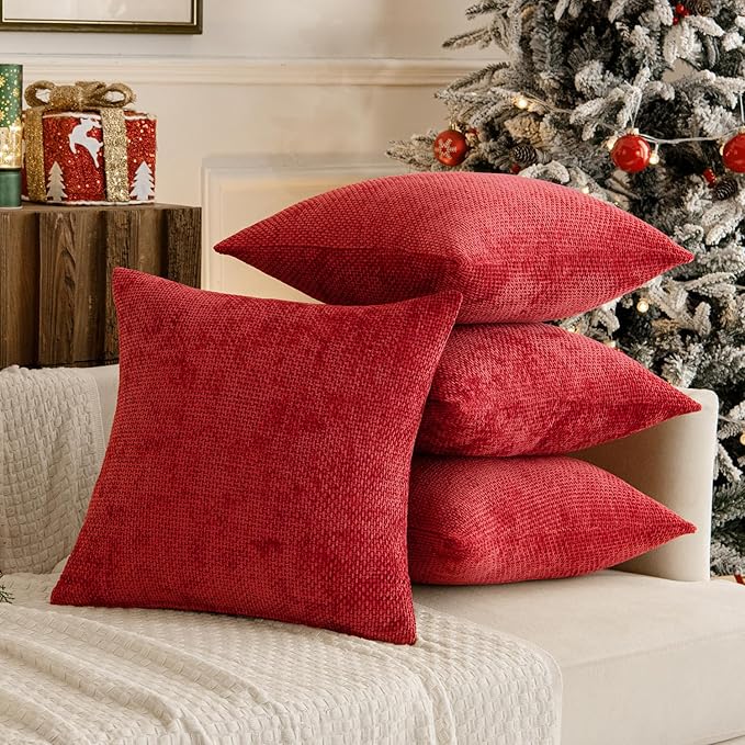 MIULEE Christmas Red Pack of 4 Couch Throw Pillow Covers 16x16 Inch Soft Decorative Chenille Pillow Covers Farmhouse Accent Cushion Covers for Boho Home Decor Sofa Bedroom Living Room