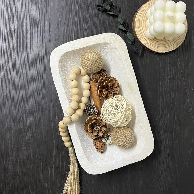 Wooden Dough Bowl Decor, Vintage Wooden Bowl Hand Carved Home Decor for Dining Table Center, Living Room, Kitchen Decor. (10inch white)