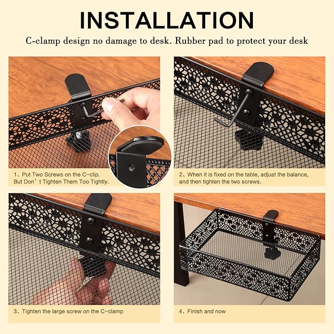 Under Desk Storage Organizer for Reduced Clutter, Drawer organizers C-Clamp Mount System Firmly Clamped And Do Not Hurt The Table, Easy to Install & holds up to 8 lbs-2 Pack (Large and Small)