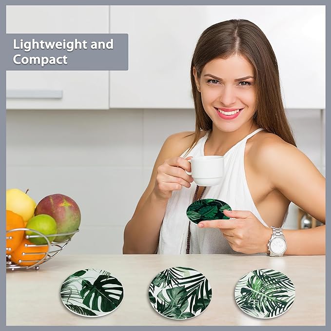 Drink Coasters Set of 6 with Holder,Tropical Palm Leaves Green Absorbent Ceramic Coasters with Cork Base,Fit All Cups,Tabletop Protection Mat for Mugs and Cups,Office,Kitchen