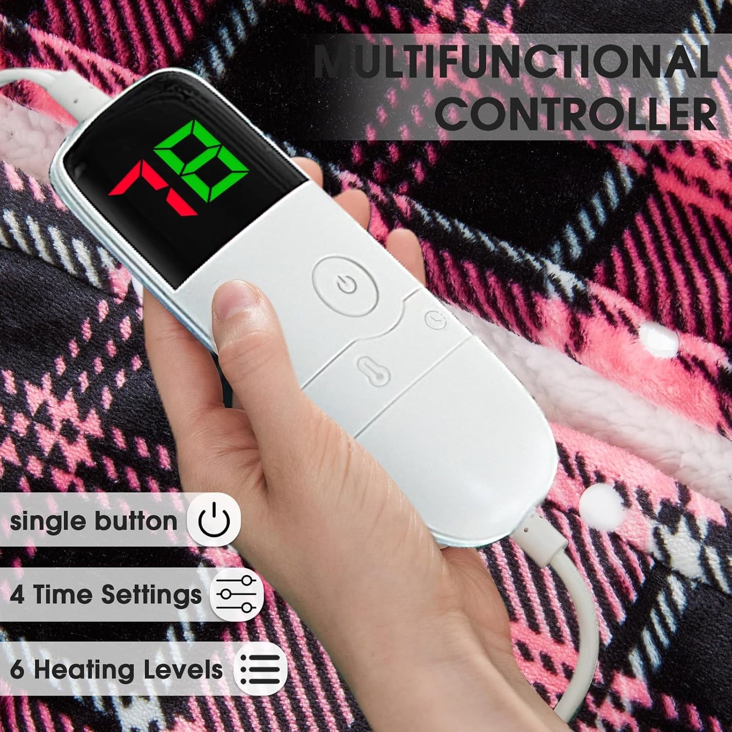 Pink Heated Blanket Electric Full Size,72X84 Heating Blanket with 10 Heats Levels&8 Hours Auto Off&Timer,Plaid Soft Sherpa Pink Blankets Warmer Gift for Grandma Women Adult,Fast Heating Washable,ETL