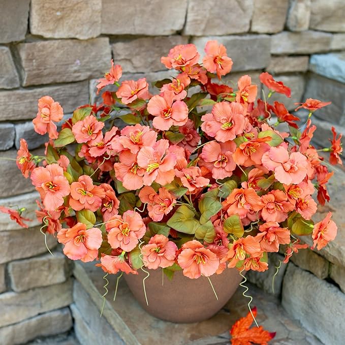 INSPRING Fake Fall Flowers Artificial Mums for Outdoors Autumn Decoration, Faux Silk Flowers Plants Realistic UV Resistant Tropical Flower Artificial for Outside Planter Patio (FOrange, 6 Bundles)