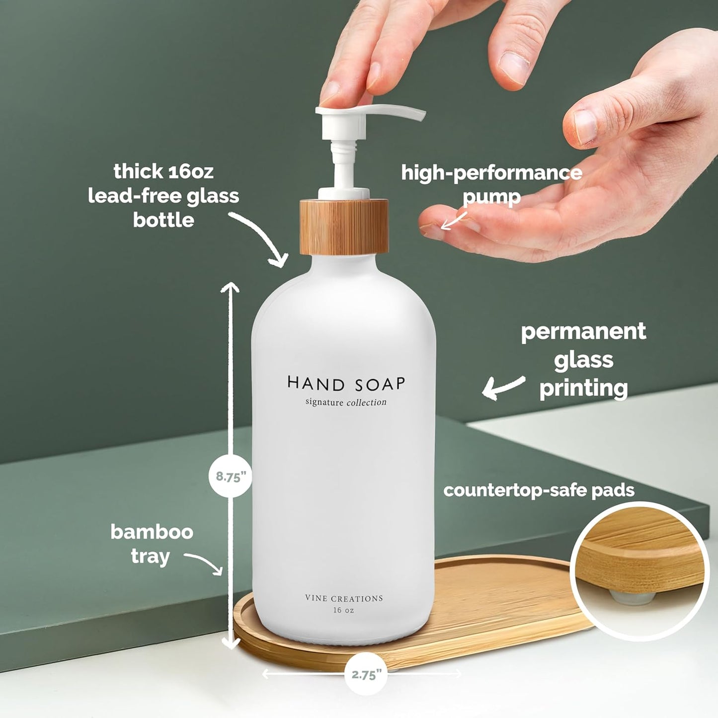 Vine Creations White Glass Soap Dispenser Set, Hand Soap and Dish Soap Dispenser Set with Bamboo Tray, 16 oz Glass Dispensers Bottle for Kitchen and Bathroom Decor Modern Boho with Bamboo Pump (White)