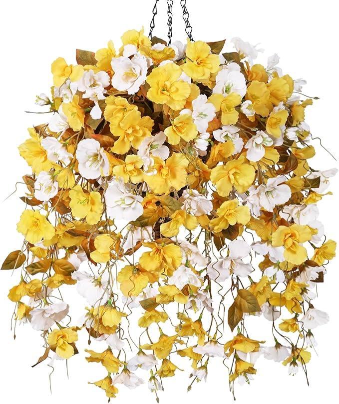 Artificial Fake Fall Hanging Flowers Plants Baskets for Outdoor Decoration, 5Pcs Faux Silk Hibiscus Long Vines in Planter UV Resistant Realistic Flower for Outside Home Porch Patio Garden