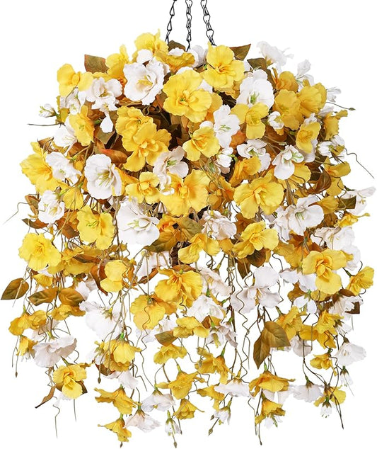 Artificial Fake Fall Hanging Flowers Plants Baskets for Outdoor Decoration, 5Pcs Faux Silk Hibiscus Long Vines in Planter UV Resistant Realistic Flower for Outside Home Porch Patio Garden