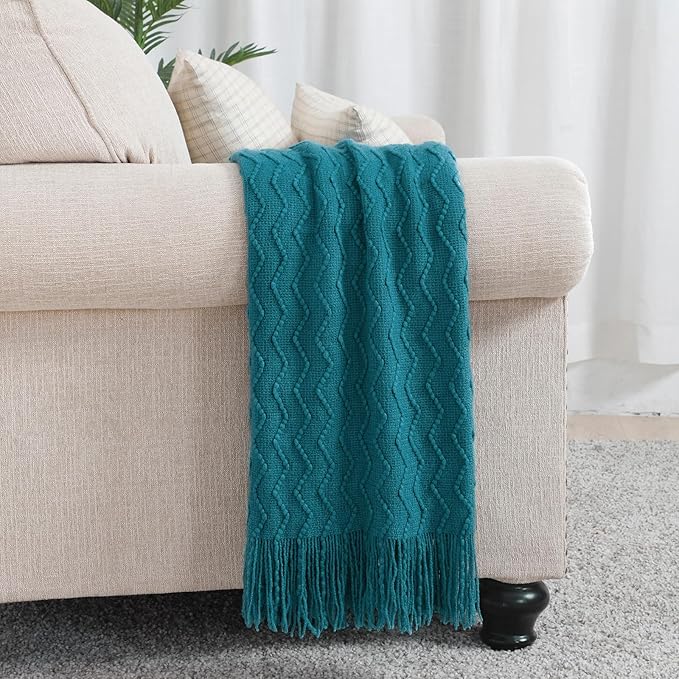 BOURINA Teal Throw Blanket 50x60 Inches Throw Textured Solid Soft Sofa Couch Decorative Knit Blanket