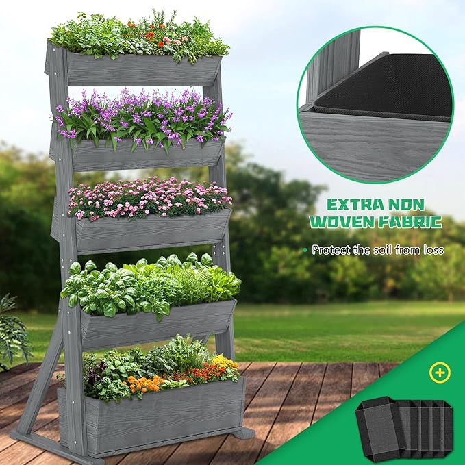 DoCred Vertical Wooden Raised Garden Bed, 5 Tier Garden Planters Freestanding Wood Plant Stand Flower Rack Wooden Planter Box for Plants Herbs Flowers Vegetables Outdoor Indoor Gardening