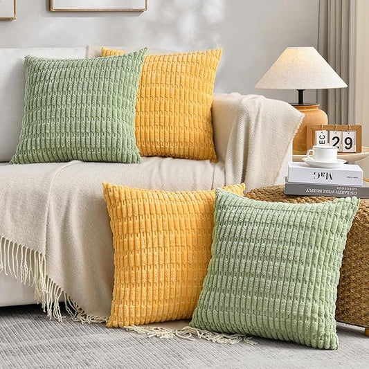 Fancy Homi Set of 4 Summer Boho Decorative Throw Pillow Covers 18x18 Inch for Couch Bed Sofa, Sage Green Yellow Room Decor, Soft Fuzzy Fluffy Cozy Corduroy Textured Cushion Case 45x45cm