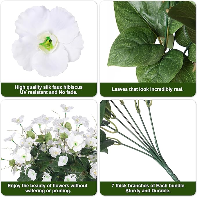 Fake Hibiscus Artificial Flowers for Outdoors Spring Summer Decoration, 6 Bundles Silk White Hibiscus Flowers Bouquet UV Resistant Look Real Faux Plants for Outside Planter Front Door Porch Balcony
