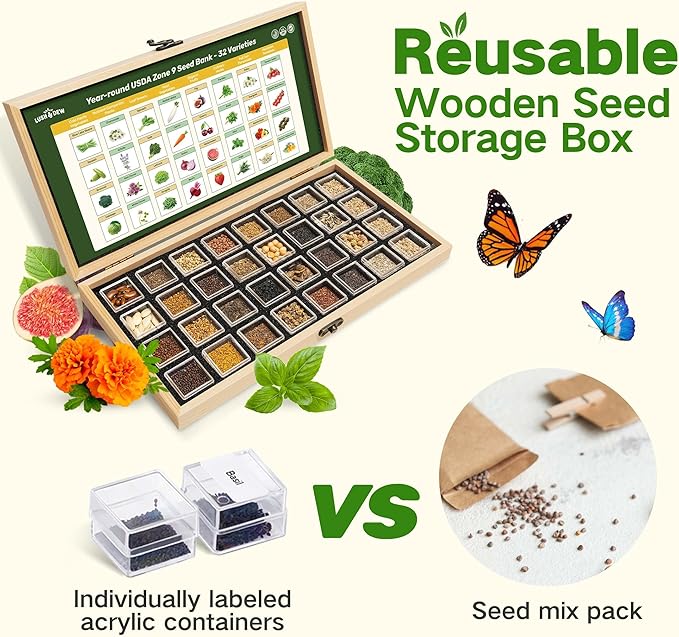 Lush&Dew Year-Round USDA Zone 9 Seed Bank, Gift for Mom Dad, 32 Varieties Non-GMO Heirloom Seeds of Vegetables Herbs, Gardening Gifts for Women Men, Survival Seed Kit for Raised Garden Bed Greenhouse