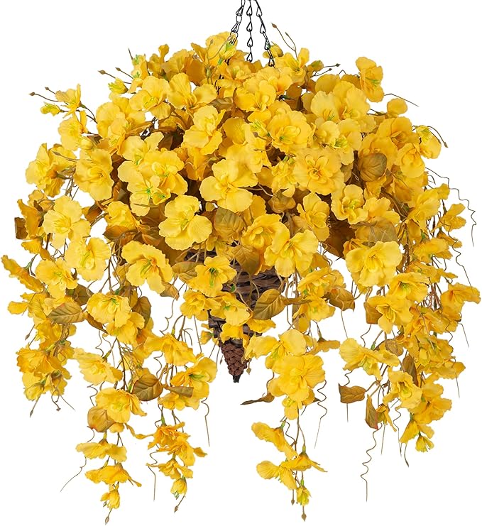 Artificial Fake Fall Hanging Flowers Plants Baskets for Outdoor Decoration, 5Pcs Faux Silk Hibiscus Long Vines in Planter UV Resistant Realistic Flower for Outside Home Porch Patio Garden, Fall Yellow
