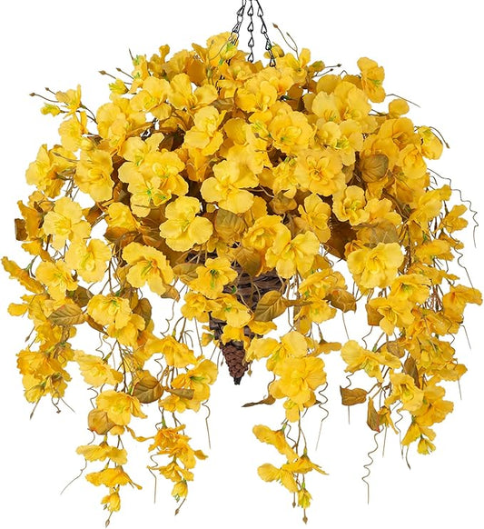 Artificial Fake Fall Hanging Flowers Plants Baskets for Outdoor Decoration, 5Pcs Faux Silk Hibiscus Long Vines in Planter UV Resistant Realistic Flower for Outside Home Porch Patio Garden, Fall Yellow