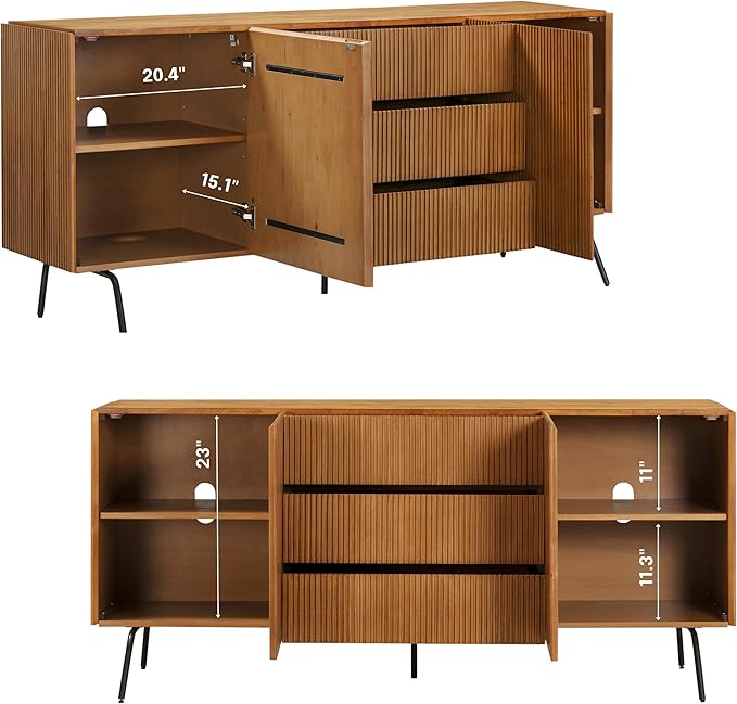 NTC Veil Sideboard with 2 Doors and 3 Drawers, Buffet Cabinet with Vertical Groove Design and Metal Legs, Storage Cabinet for Living Room, and Entryway, Effortless Assembly, Teak Look
