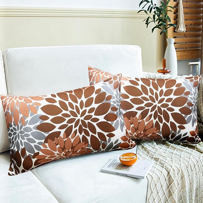 Decorative Throw Pillow Covers Set of 2 Brown Coffee Pillow Covers 12x20 Inch Couch Pillow Covers for Sofa Living Room Outdoor Throw Pillow Cover Linen Floral Flower Farmhouse Pillowcase