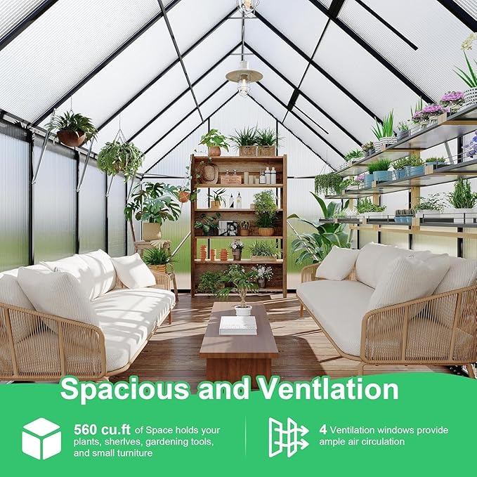 8x14 FT Outdoor Walk in Greenhouse,Polycarbonate Green House Vented Roof Window,Heavy Duty Greenhouse with Aluminum Frame for Backyard Patio Gardening
