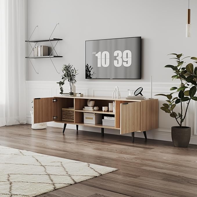 Modern TV Stand with Storage Cabinet, Wood Fashionable TV Cabinet with Waveform Panel and Adjustable Shelf, Entertainment Center TV Stand for TV, Living Room (Cream Yellow Wood Grain)