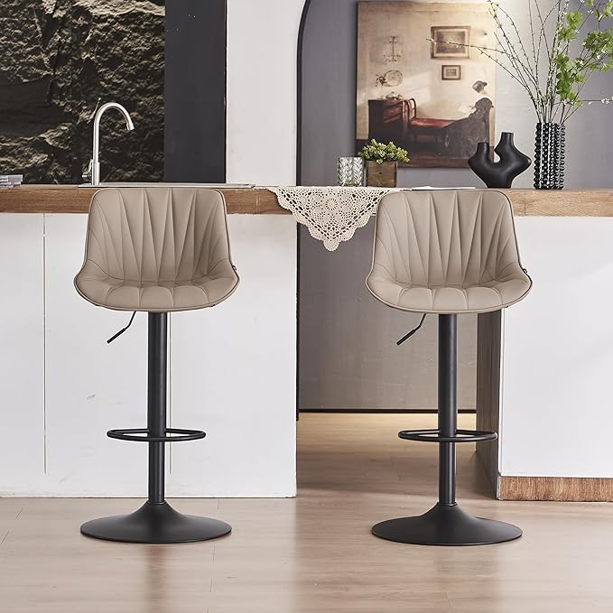 YOUNIKE Bar Stools Set of 2 for Kitchen Island, Khaki Swivel Tall Barstools, Adjustable Bar Stool with Back, Faux Leather Padded Bar Chairs, Modern Counter Height Stools with 300LBS Support