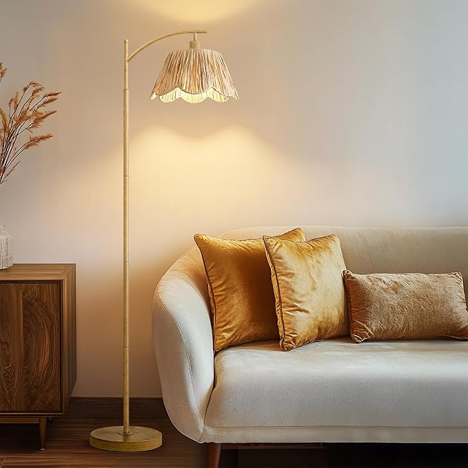 Oneach Boho Floor Lamp for Living Room, Farmhouse Standing Lamp with Foot Switch, Corner Reading Lamps for Bedroom with Hand-Woven Shade, Light Woodgrain Metal Base & Pole
