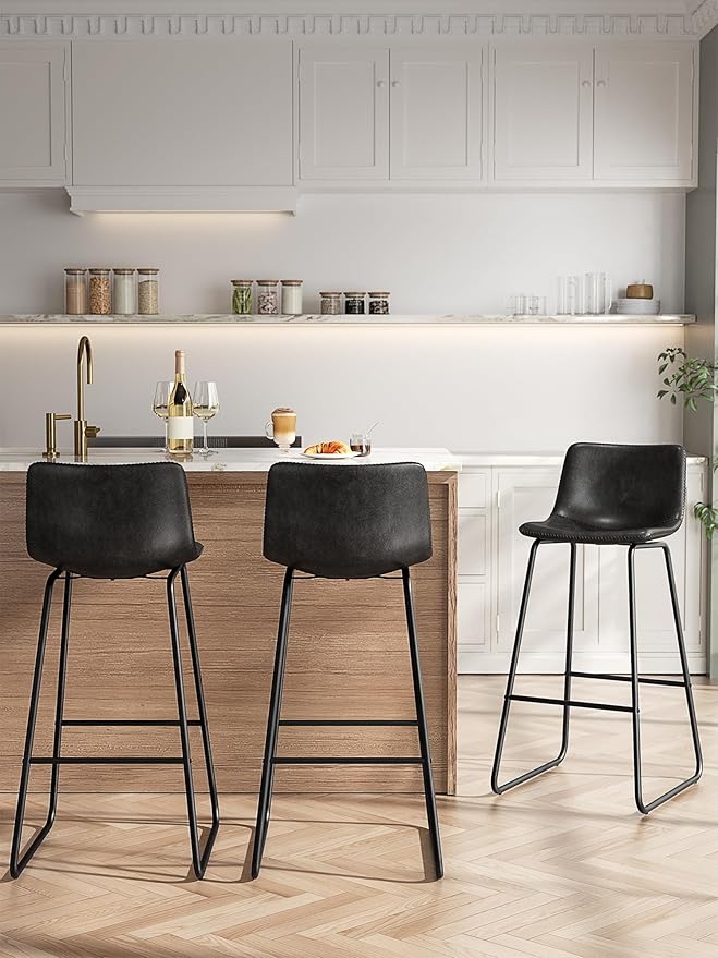 Bar Stools Set of 4, 30 Inches Counter Height Bar Stools with Back, Modern Faux Leather Barstools with Metal Legs and Footrest, Bar Chairs for Kitchens Island (Black)