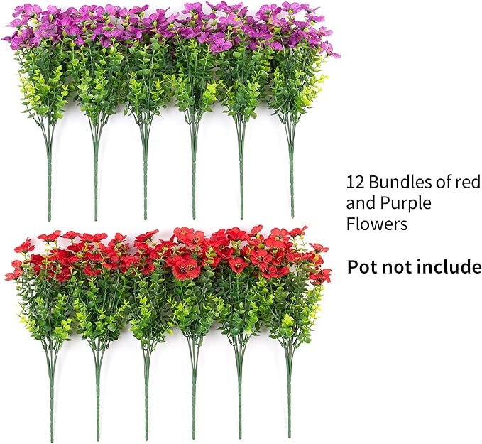 Artificial Fake Plants Flowers for Outdoor Spring Summer Decor, 12 Bundles Faux Silk Daisy for Planter Pot Colorful UV Resistant Look Real for Front Door Porch Patio Outside Yard(Purple Red)