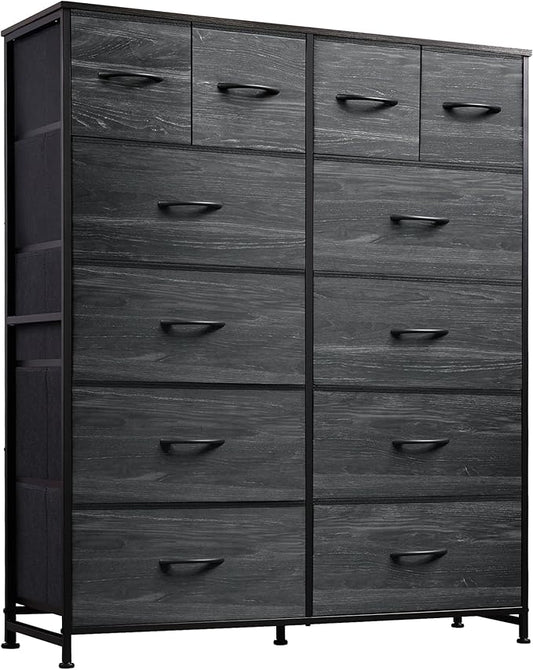 WLIVE Storage Organizer Unit with 12 Fabric Bins, Storage Drawers Organizer with Steel Frame, Tall Storage Tower Organizaton for Living Room, Hallway, Office, Charcoal Black Wood Grain Print