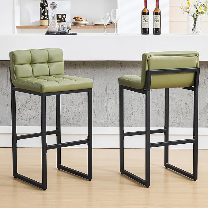 Set of 2 Bar Stools, Modern Counter Stool, Upholstered Faux Leather Barstools with Back, Comfortable 30-inch Seat Height Island Chairs for Kitchen Island (Avocado Green, 2Pcs 30" Bar Stools)