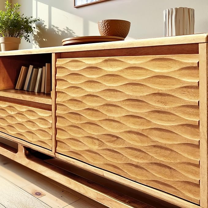 Acacia Elara Wood TV Stand for TVs up to 75+ Inch Entertainment Center with Storage Shelves and Cable Management, Mid Century Modern Media Console Wood TV Stands for Living Room Bedroom, Natural Oak