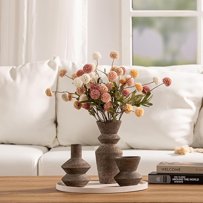 Ceramic Vase Home Table Decor - Brown Flower Vase Set of 3 Living Room Kitchen Decorations Farmhouse Modern Rustic Vases Decorative Centerpiece for Shelf Bedroom Office Bathroom Dining Coffee Desk